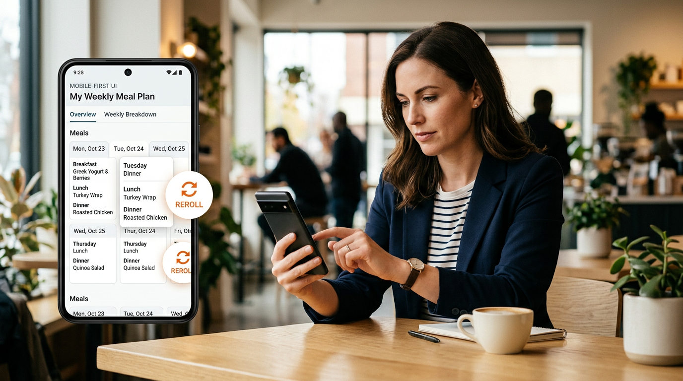 The Yossio Meals review interface showing a weekly meal plan with options to refresh individual days.