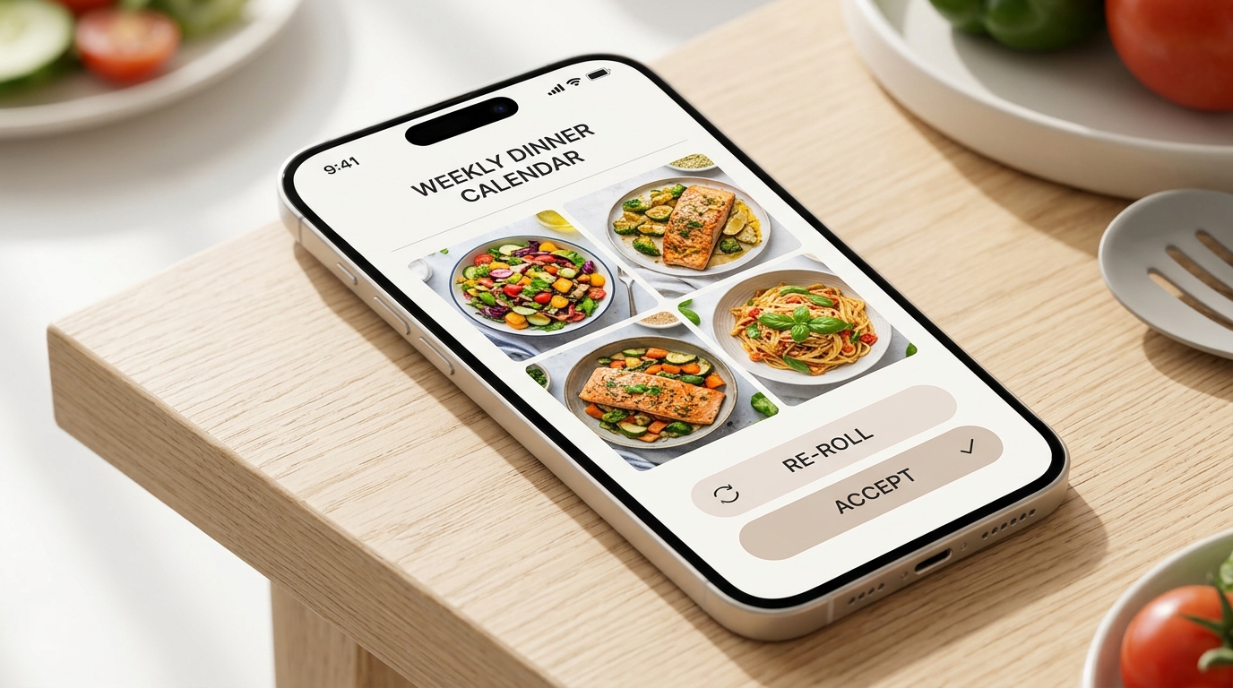 The Yossio Meals interface showing a weekly meal plan with photos and action buttons.