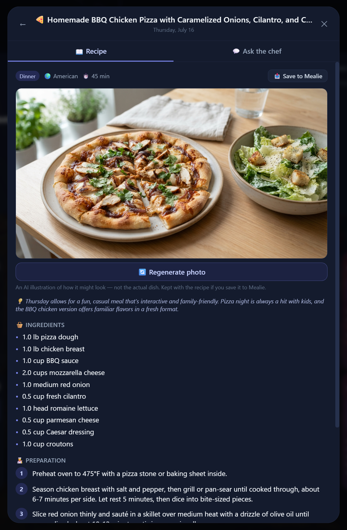 A recipe page for BBQ Chicken Pizza featuring an AI-generated photo of the pizza next to a salad, followed by a list of ingredients and preparation steps.