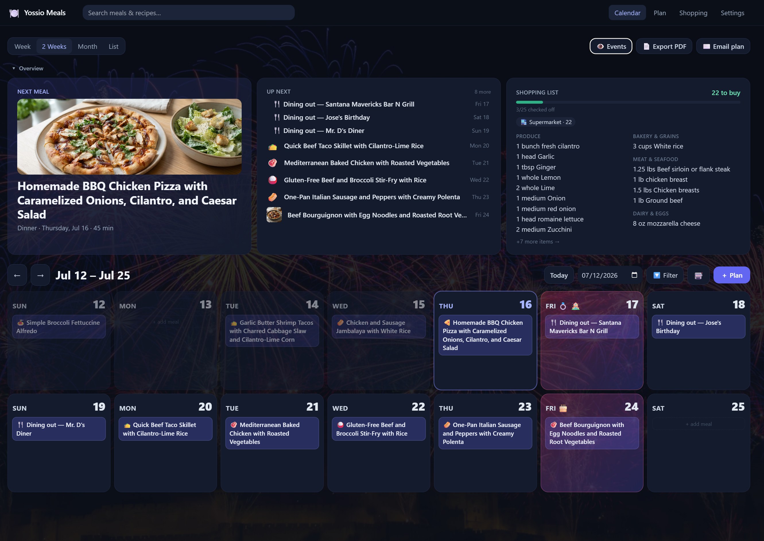 A comprehensive dark mode dashboard showing a calendar view of meals for the week, a 'Next Meal' feature with a pizza photo, and a consolidated shopping list on the right.