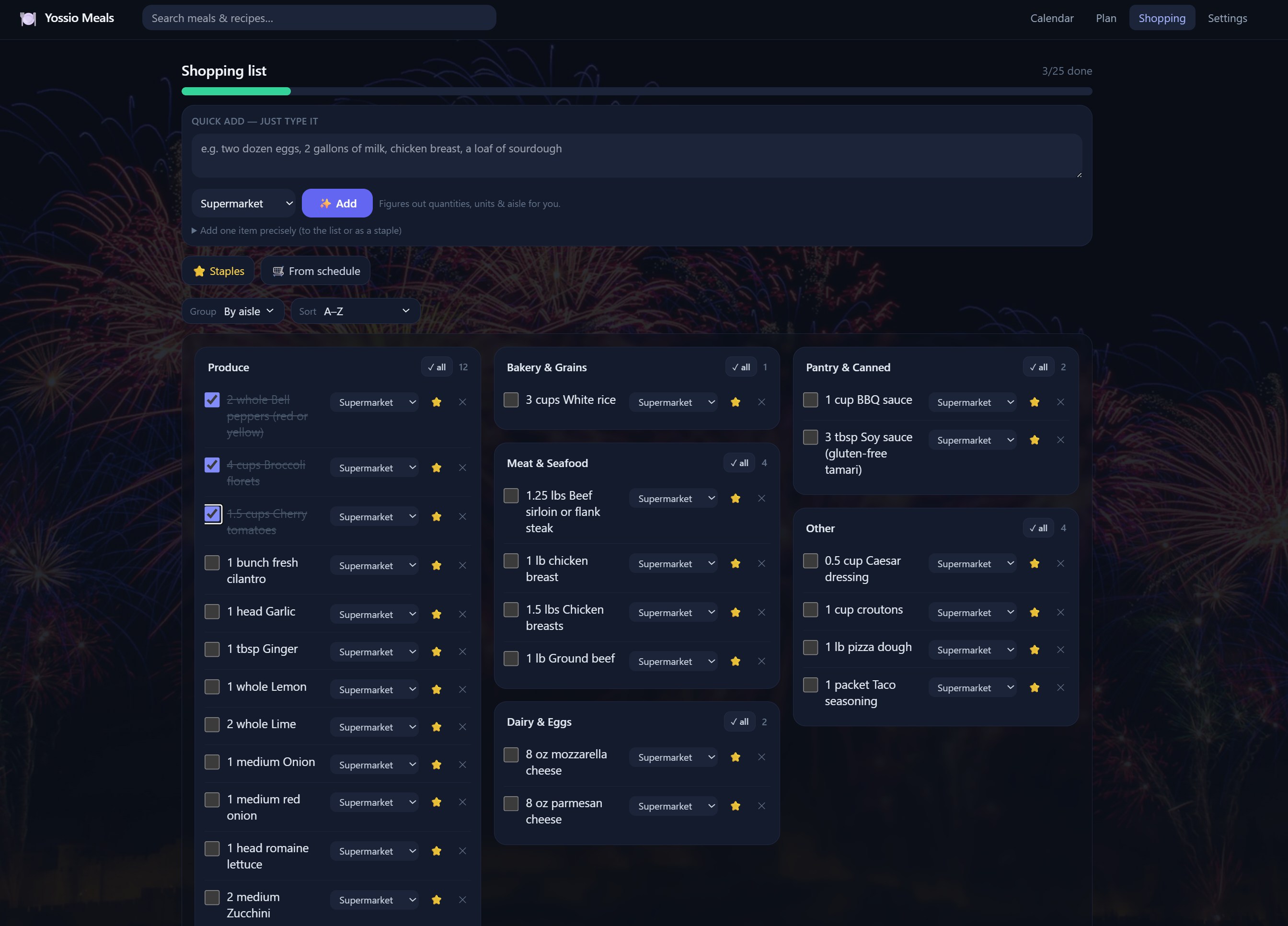 A shopping list interface organized by grocery aisle categories like Produce, Bakery, and Meat, with checkboxes and quantities for items like cilantro, garlic, and chicken breast.