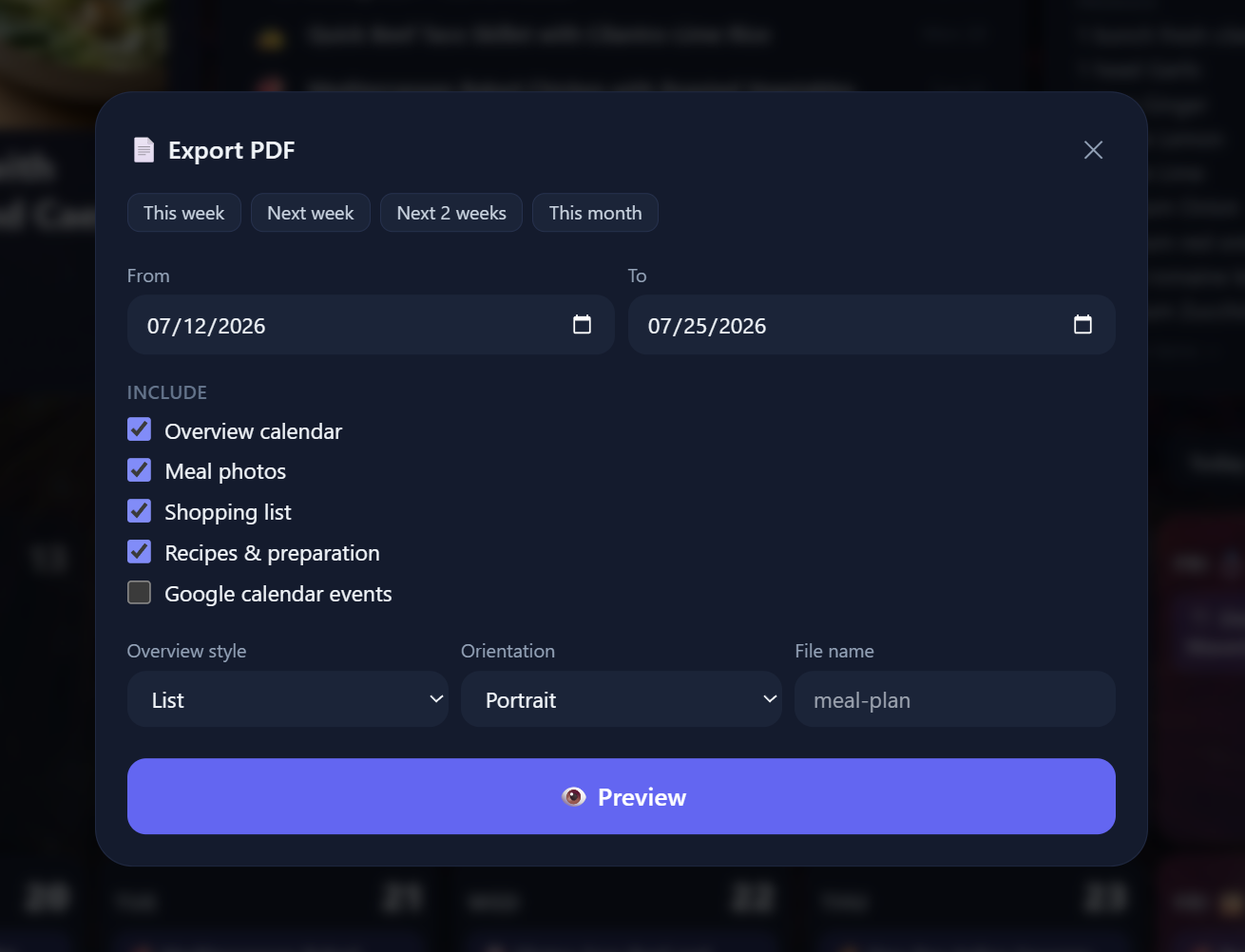A modal window titled Export PDF with checkboxes for overview calendar, meal photos, shopping list, and recipes.