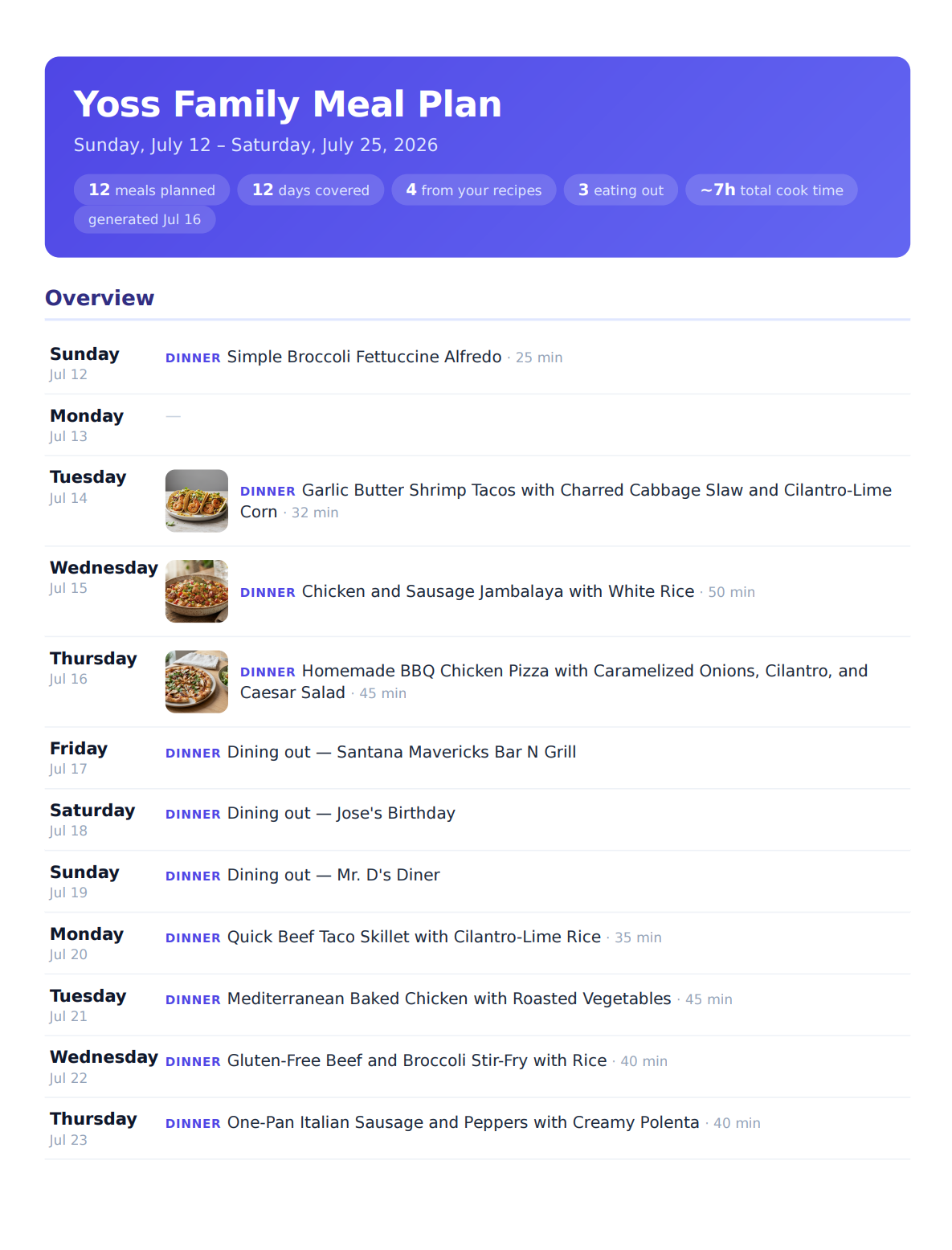 A clean, white PDF document titled Yoss Family Meal Plan showing a calendar overview of dinners for two weeks, including photos for some dishes and labels for dining out.