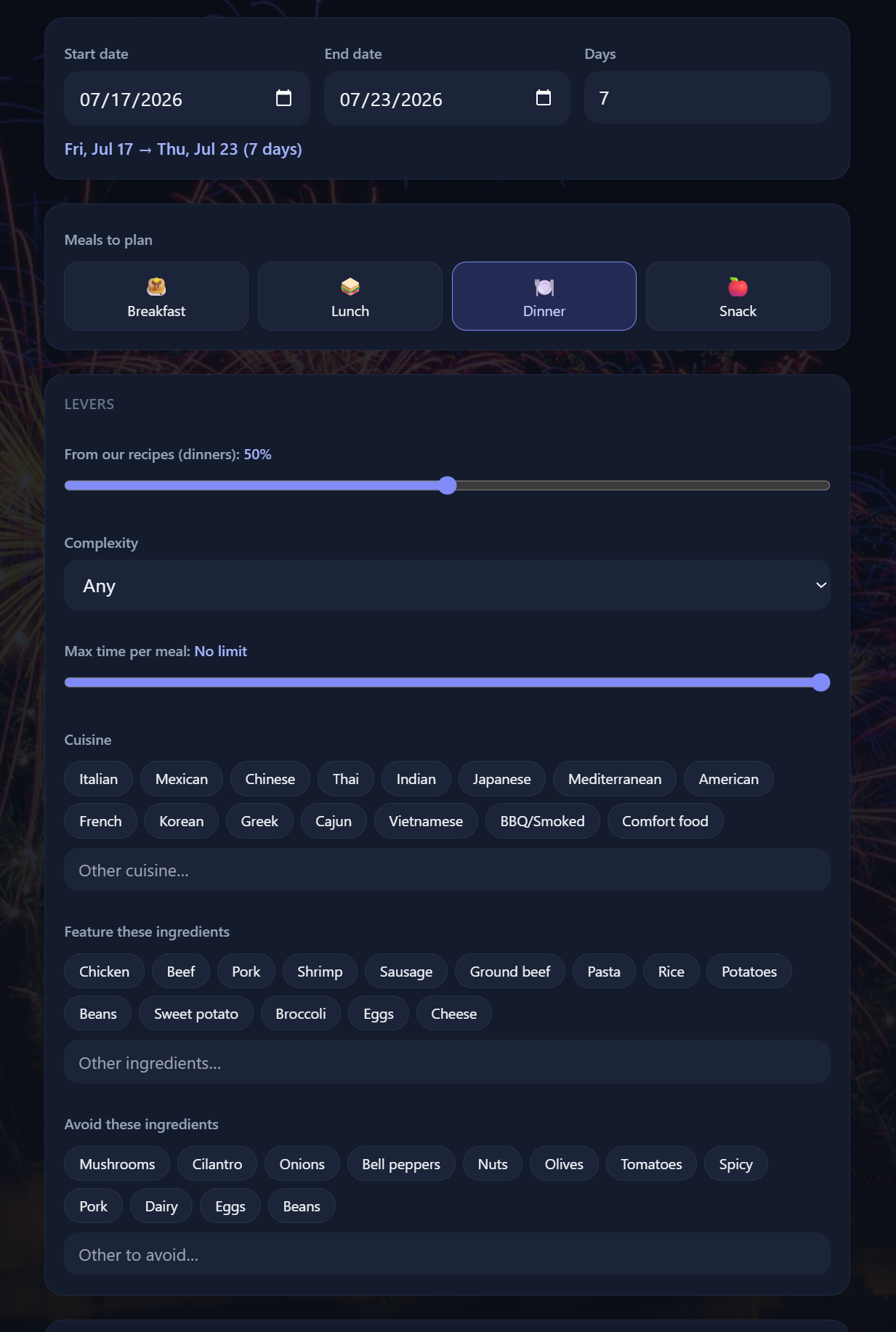 A dark-themed web interface for planning meals with date pickers, meal type buttons for Breakfast, Lunch, Dinner, and Snack, and sliders for recipe percentage, complexity, and time limit. It includes buttons for various cuisines and ingredients to feature or avoid.