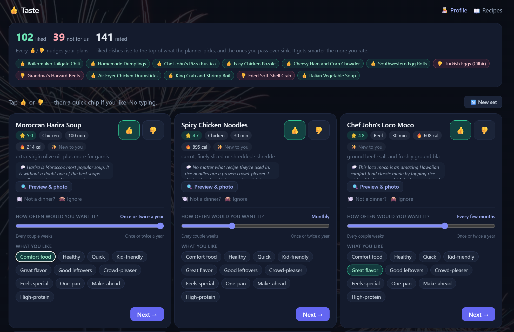 A user interface for rating recipes with thumbs up and down buttons. Cards for Moroccan Harira Soup, Spicy Chicken Noodles, and Loco Moco are visible with tags like Comfort Food and Great Flavor.