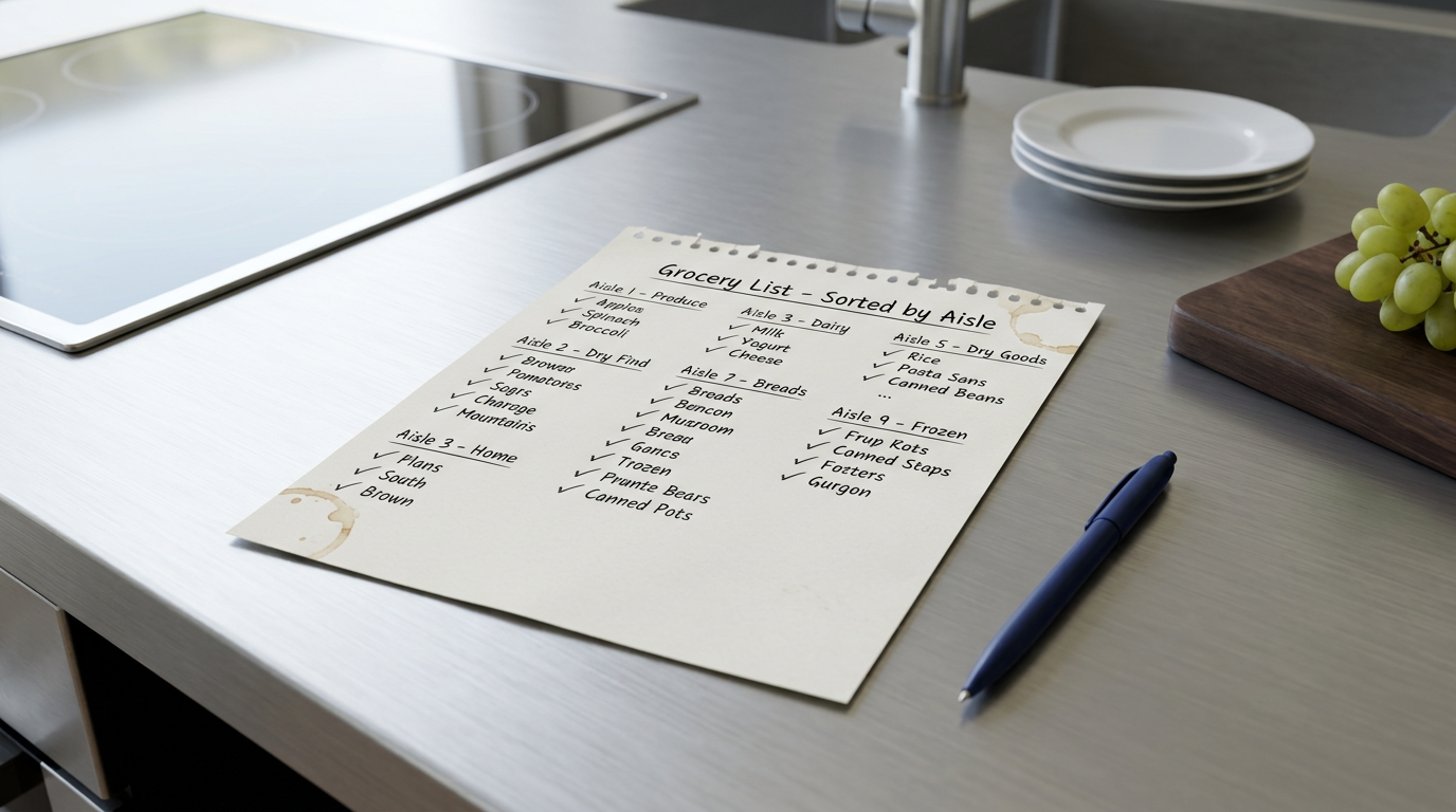 A high-contrast digital grocery list organized by store aisles for easy OCR scanning.