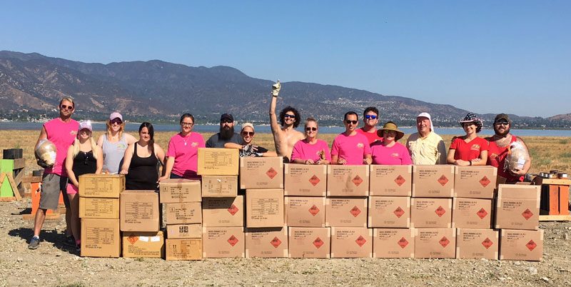 The fireworks crew gathered behind a wall of loaded show boxes