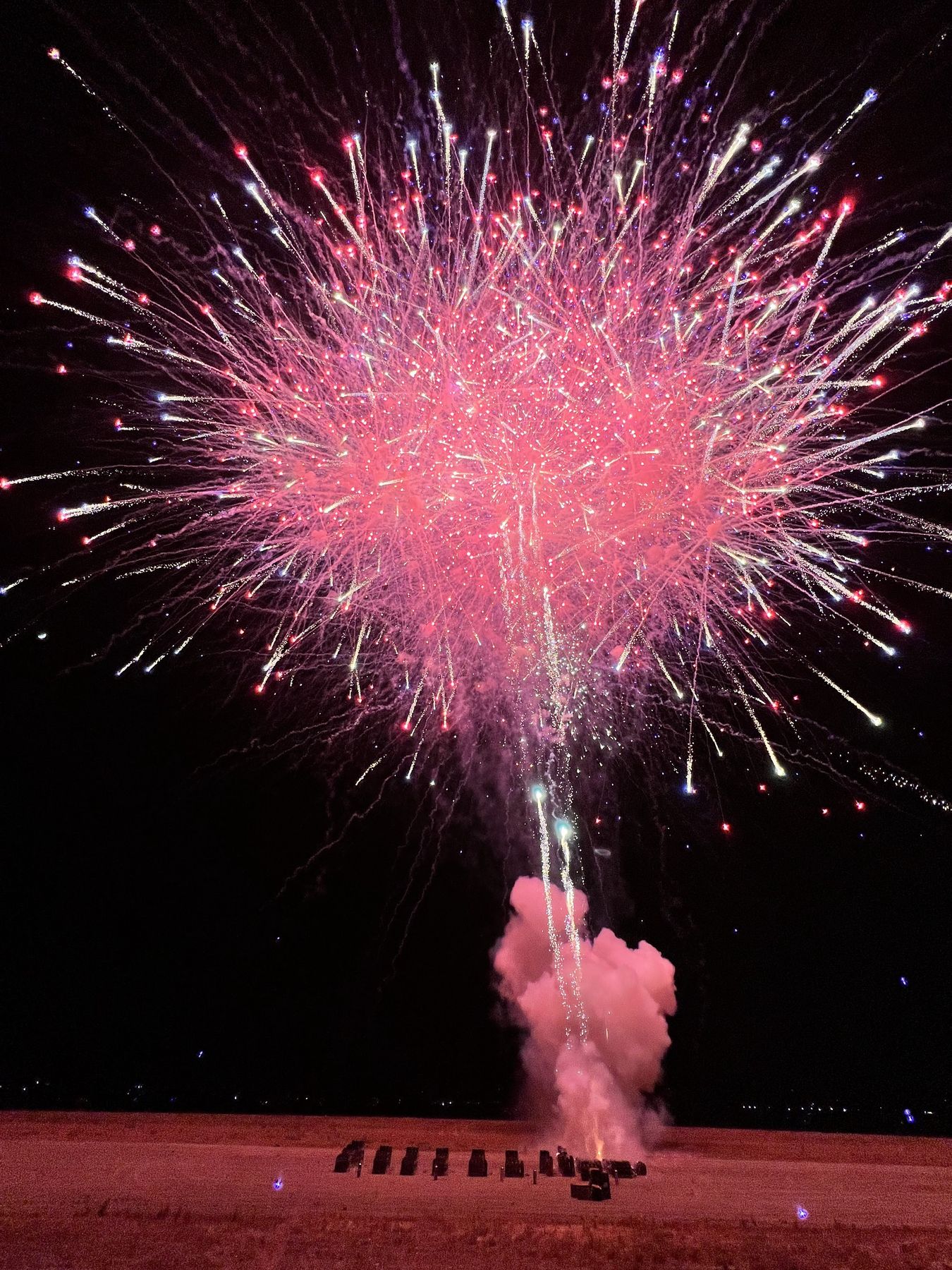 A pink peony fireworks shell breaking overhead
